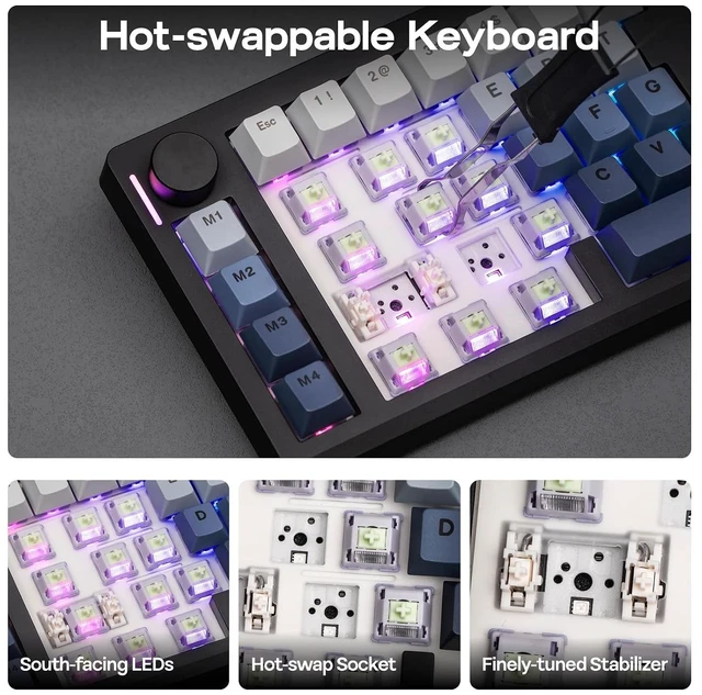 Alt view image 6 of 7 - Split70 Wireless Ergonomic Keyboard with QMK/VIA and Knob, Mechanical Gaming Keyboard with RGB, Hot-Swap, Creamy Linear Switch, PBT Keycap, Gasket, Mac Modifier, 70% Split Layout (Black)