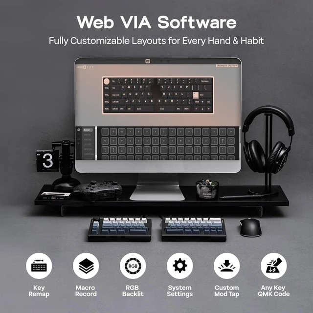 Alt view image 7 of 7 - Split70 Wireless Ergonomic Keyboard with QMK/VIA and Knob, Mechanical Gaming Keyboard with RGB, Hot-Swap, Creamy Linear Switch, PBT Keycap, Gasket, Mac Modifier, 70% Split Layout (Black)
