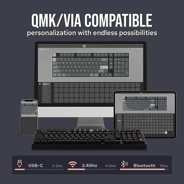 Alt view image 4 of 7 - Galaxy100 QMK/VIA Wireless Gaming Keyboard+Puff Aviator Coiled USB Cable, Type C Detachable Mechanical Gaming Keyboard Cable for Win/Mac/Gamers