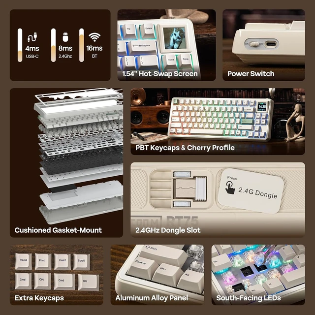 Alt view image 2 of 7 - RT75 Wireless Mechanical Keyboard with 1.54 Hot-Swap Screen