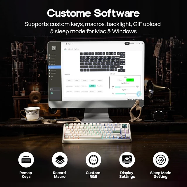Alt view image 7 of 7 - RT75 Wireless Mechanical Keyboard with 1.54 Hot-Swap Screen