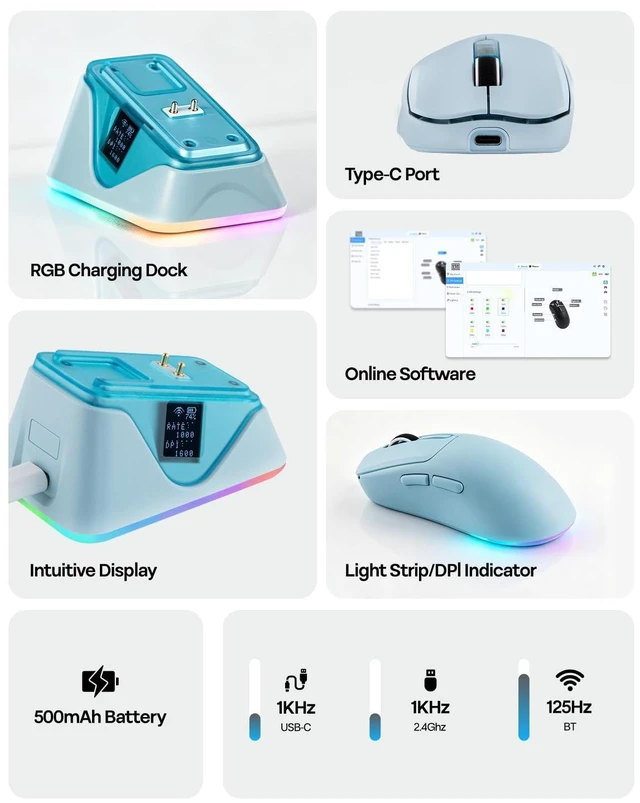 Alt view image 4 of 7 - NEX Lite Wireless Gaming Mouse w/Screens & RGB Charging Dock+GX1 Wireless Gaming Headset for PS4/PS5/Switch, 70Hr+
