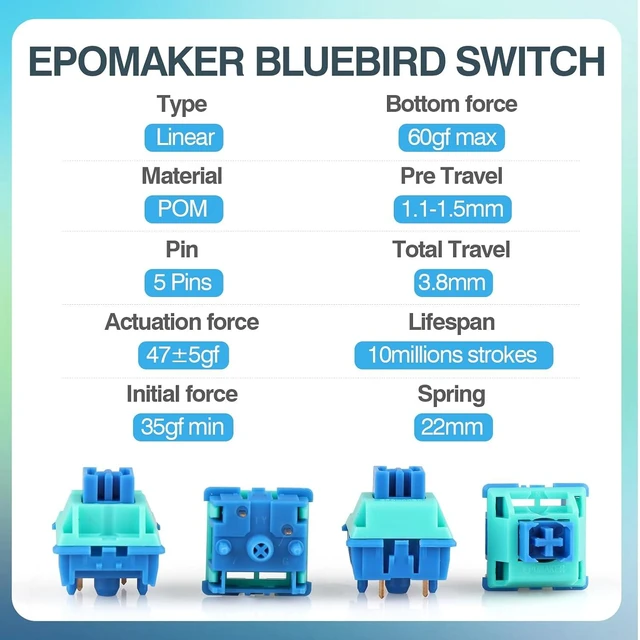 Alt view image 3 of 7 - Bluebird 47gf Linear Mechanical Keyboard Switches Set, 100 Pieces, 35gf Initial Force, 5-pin Factory Lubed Switch with POM Stem, PC Nylon Housing, 22mm Dual Spring for Gaming DIY Keyboard