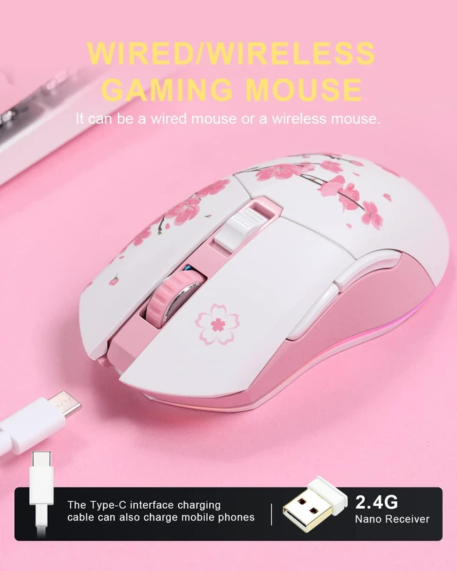 Alt view image 7 of 7 - Pink Keyboard and Mouse:COOL60 60% Rapid Trigger 8K Gaming Keyboard with Hall Effect Magnetic Switch &EM901 Sakura Wireless Gaming Mouse Combo