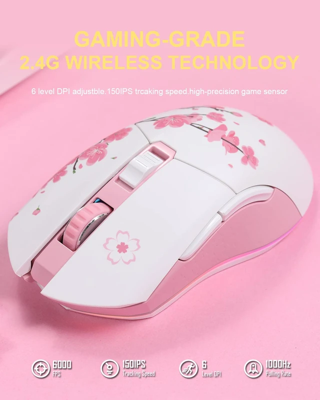 Alt view image 5 of 6 - Sakura Pink Wireless Wired Gaming Mouse, Dual-Mode Rechargeable