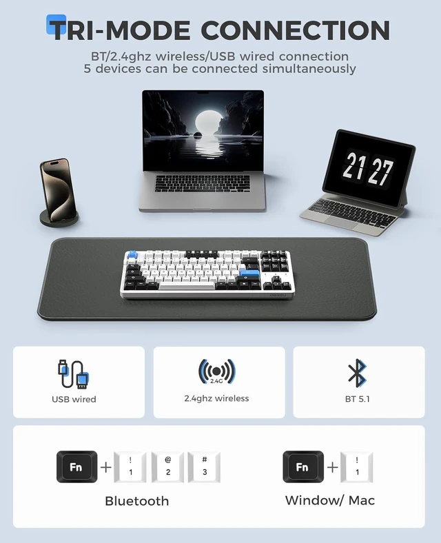Alt view image 3 of 7 - Wireless Keyboard and Mouse:EK87PRO 80% TKL Wireless Mechanical Gaming Keyboard &A950 Wireless Gaming Mouse with Charging Dock Combo