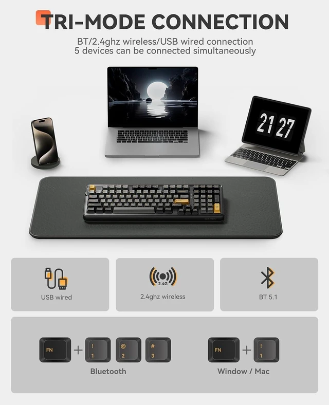 Alt view image 3 of 7 - EK98pro Wireless Mechanical Keyboard,96% Creamy Gaming Keyboard with Number Pad,Tri-Mode BT/2.4GHz/USB-C,Pre-lubed Linear Switches,Gasket Structure,Hot Swappable Custom,Backlit for Win/Mac