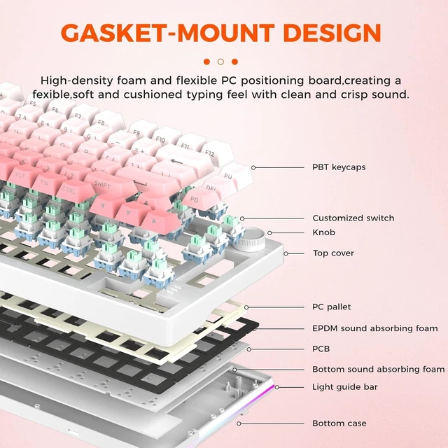 Alt view image 3 of 7 - EK75PRO Sakura Pink 75% Wireless Mechanical Gaming Keyboard with Knob