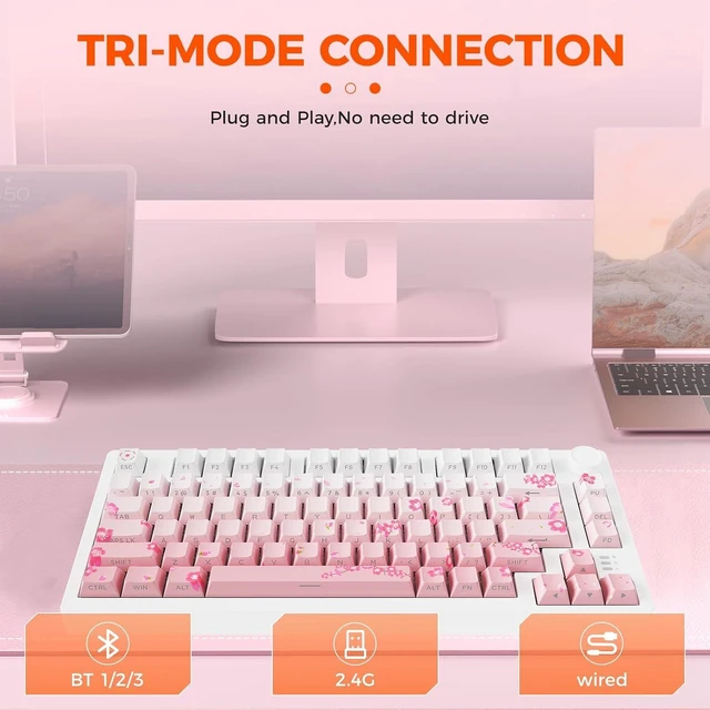 Alt view image 7 of 7 - EK75PRO Sakura Pink 75% Wireless Mechanical Gaming Keyboard with Knob
