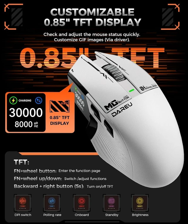 Alt view image 4 of 7 - A980PROMAX Wireless Gaming Mouse-4K/8K Polling-30K DPI Optical Sensor-0.85' TFT Color Display-Magnesium Alloy Buttons-2.4G Wireless/BT/USB Connectivity-Nano Receiver Included