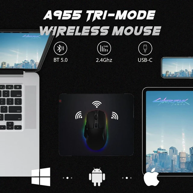Alt view image 2 of 7 - A955 Lightweight Wireless Gaming Mouse with RGB Charging Dock: Tri-Mode 2.4G/USB-C/BT Mouse Up to 12K DPI Optical Sensor -KBS II Buttons Fully Programmable- 120 Hr Battery