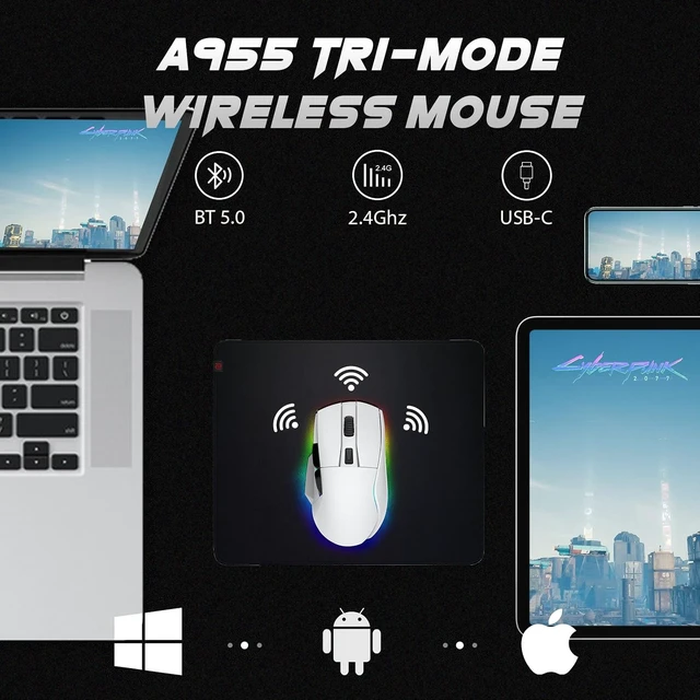 Alt view image 2 of 7 - A955 Wireless Gaming Mouse with RGB Charging Dock: Tri-Mode 2.4G/USB-C/BT Mouse Up to 12K DPI Optical Sensor -KBS II Buttons Fully Programmable- 120 Hr Battery