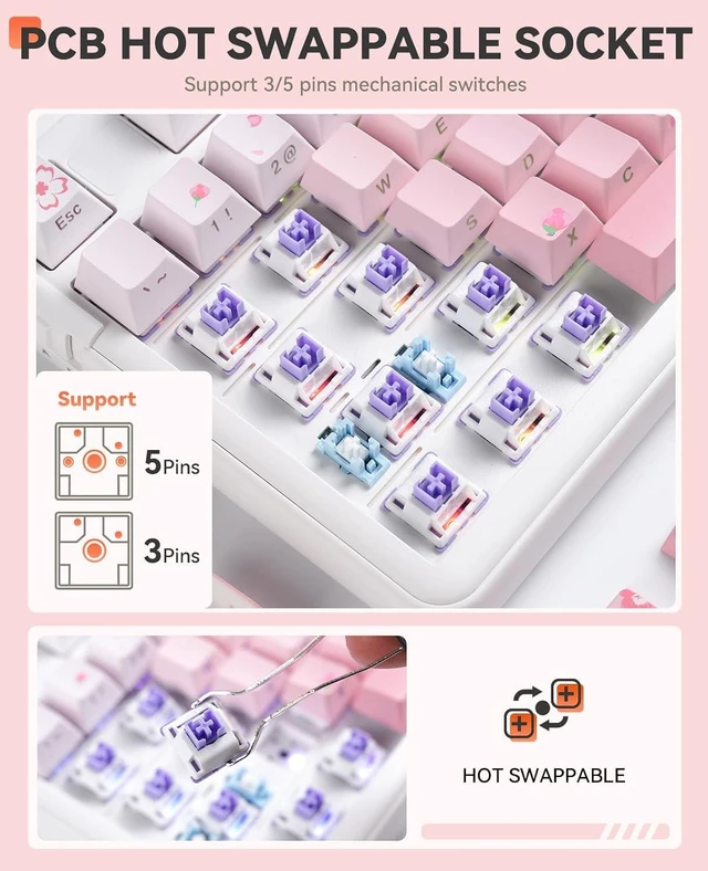 Alt view image 7 of 7 - EK98pro Sakura Pink Wireless Mechanical Keyboard,Tri-Mode BT/2.4GHz/USB-C Creamy Gaming Keyboard with Number Pad,Gasket Structure,Hot Swappable Custom,RGB Backlit for Win/Mac