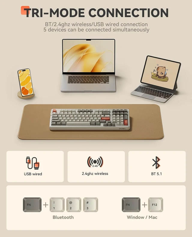 Alt view image 3 of 7 - EK98pro Wireless Mechanical Keyboard,Tri-Mode BT/2.4GHz/USB-C Creamy Gaming Keyboard with Number Pad,Pre-lubed Linear Switches,Gasket Structure,Hot Swappable Custom,RGB Backlit for Win/Mac