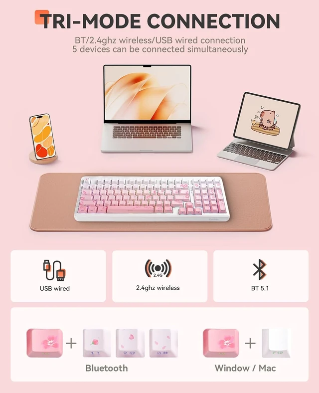 Alt view image 3 of 7 - EK98pro Sakura Pink Wireless Mechanical Keyboard,Tri-Mode BT/2.4GHz/USB-C Creamy Gaming Keyboard with Number Pad,Gasket Structure,Hot Swappable Custom,RGB Backlit for Win/Mac
