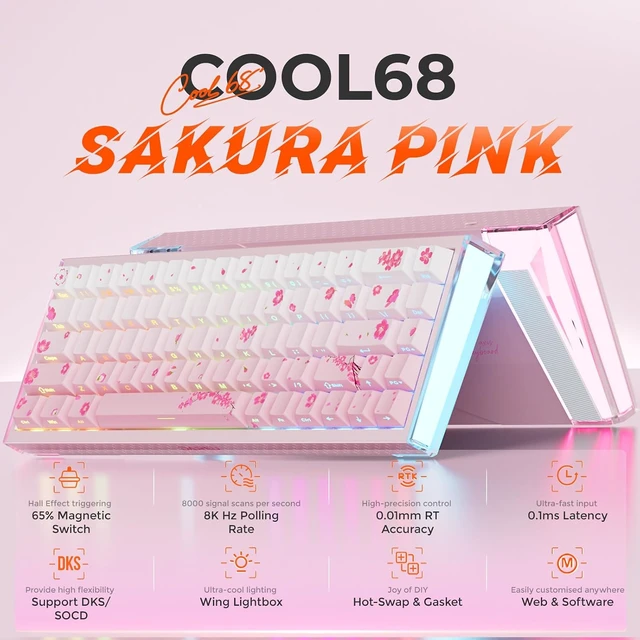 Alt view image 2 of 7 - COOL68 Sakura Pink Hall Effect Magnetic Switch Gaming Keyboard 65%