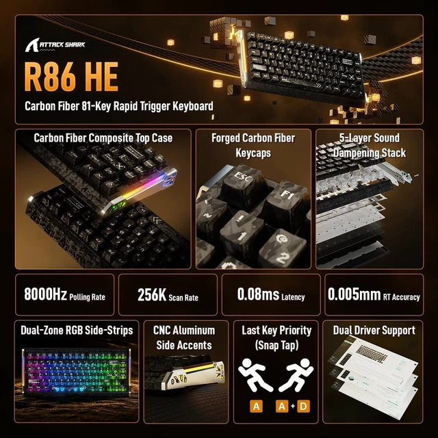 Alt view image 2 of 7 - R86 HE Wired 8K Carbon Fiber Magnetic Keyboard (Moonlight)