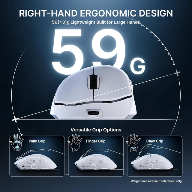 Alt view image 3 of 7 - V8 8K Wireless Gaming Mouse Whit 42000 DPI-PAW3950 MAX Sensor-59g Lightweight-Nordic54L15 MCU-400h Battery Life, Triple Modes,Gaming Accessories for PC/Laptop/Mac (White)