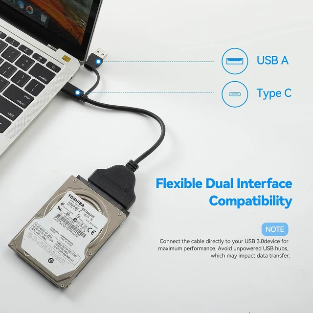 Alt view image 2 of 7 - 2-in-1 SATA to USB Cable 0.75ft, USB-C/USB-A 3.0 to SATA III Hard Driver Adapter Compatible for 2.5 inch HDD and SSD External Converter(23cm)