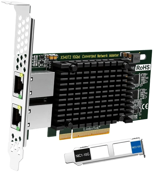 Main image of Dual 10GbE RJ45 Ports Converged Ethernet Adapter for Servers and Desktop PCs. Intel X540AT2 10Gb/s Ethernet Controller, PCIE x8 to 2X 10Gb/s RJ45 Ports NIC Card, for Storage & Gaming (X540T2)
