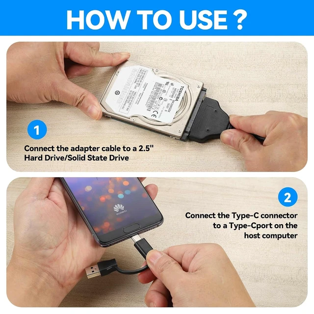 Alt view image 7 of 7 - 2-in-1 SATA to USB Cable 0.75ft, USB-C/USB-A 3.0 to SATA III Hard Driver Adapter Compatible for 2.5 inch HDD and SSD External Converter(23cm)