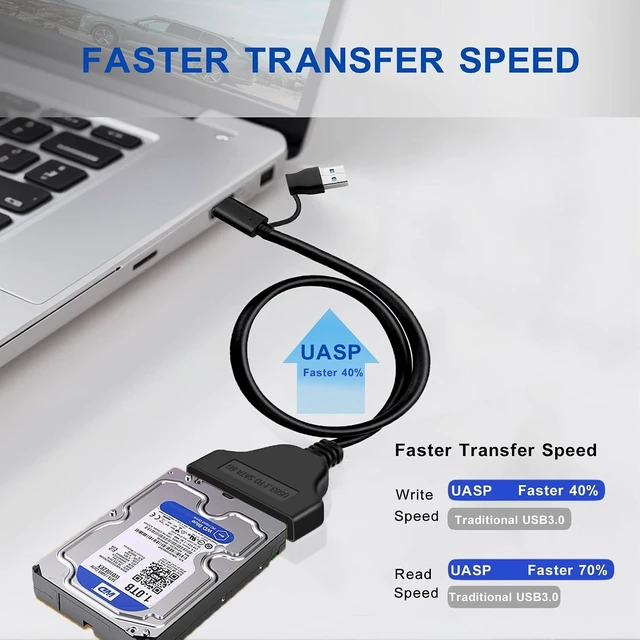 Alt view image 2 of 6 - SATA to USB Cable 3.2ft, 2-in-1 USB-C/USB-A 3.0 to SATA III Hard Driver Adapter Compatible for 2.5 inch HDD and SSD (100cm)