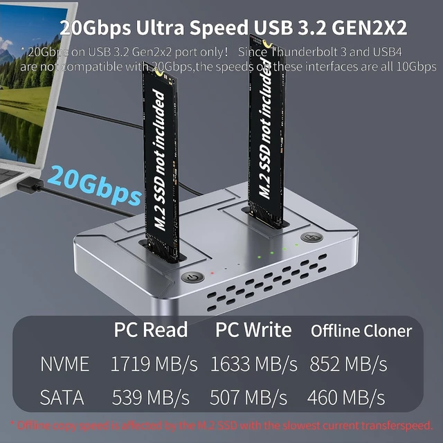 Alt view image 3 of 7 - M.2 SSD Duplicator Dock, 20Gbps USB C Dual Bay Cloner, Aluminum Alloy Housing with Cooling Fan, Offline Clone/Data Transfer for NVMe SATA M.2 2230/2242/2260/2280 SSD