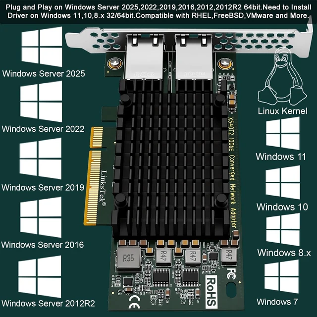 Alt view image 6 of 7 - Dual 10GbE RJ45 Ports Converged Ethernet Adapter for Servers and Desktop PCs. Intel X540AT2 10Gb/s Ethernet Controller, PCIE x8 to 2X 10Gb/s RJ45 Ports NIC Card, for Storage & Gaming (X540T2)