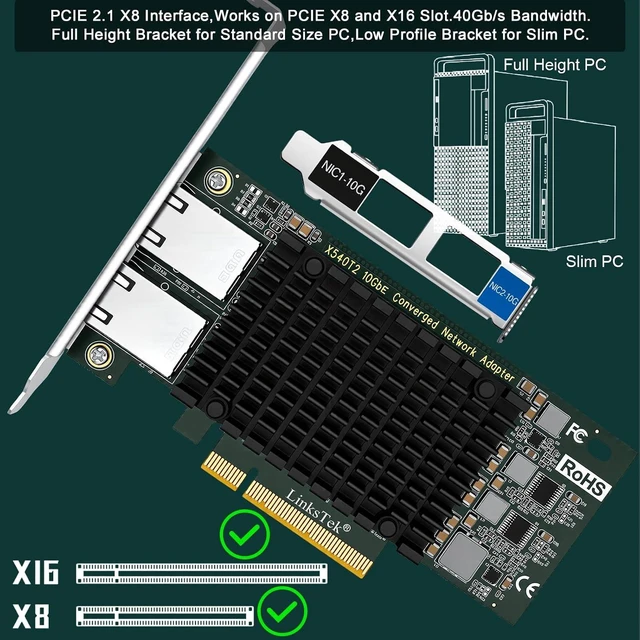 Alt view image 7 of 7 - Dual 10GbE RJ45 Ports Converged Ethernet Adapter for Servers and Desktop PCs. Intel X540AT2 10Gb/s Ethernet Controller, PCIE x8 to 2X 10Gb/s RJ45 Ports NIC Card, for Storage & Gaming (X540T2)