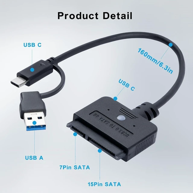 Alt view image 6 of 7 - 2-in-1 SATA to USB Cable Adapter, Black, Data Transfer Adapter for 2.5'' Inch SATA Hard Drive Connection