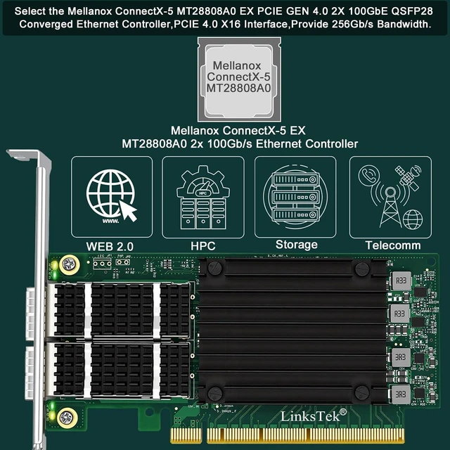 Alt view image 2 of 7 - CX516A Dual 100Gb/s QSFP28 Ports Intelligent RDMA Ethernet Adapter for Web 2.0, Cloud and Storage Servers, Mellanox ConnectX-5 EX MT28808A0 Ethernet Controller, 2X 100GbE PCIE Gen 4.0 x16 NIC Card