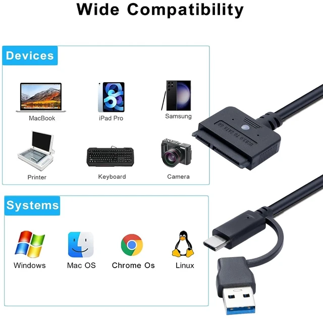 Alt view image 7 of 7 - 2-in-1 SATA to USB Cable Adapter, Black, Data Transfer Adapter for 2.5'' Inch SATA Hard Drive Connection