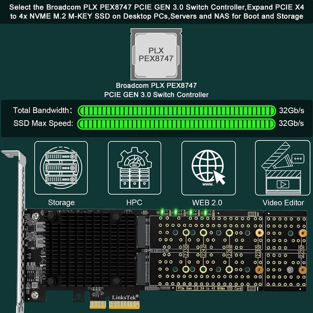 Alt view image 2 of 7 - PCIE-PEX8747M4 PCIE 3.0 x4 Interface to 4-Port NVME M.2 SSD Expansion Card for Desktop PCs, Broadcom PLX PEX8747 PCIE Gen 3.0 Switch, 32Gb/s Bandwidth, On-Card PCIE Bifurcation, for Storage & Boot