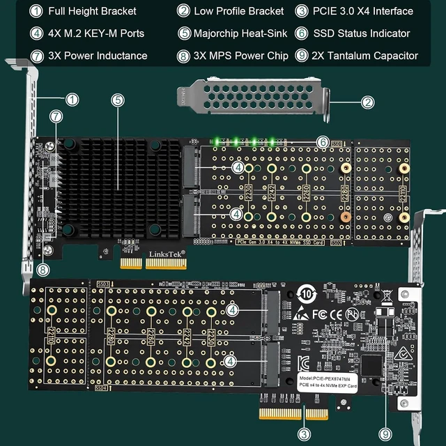 Alt view image 6 of 7 - PCIE-PEX8747M4 PCIE 3.0 x4 Interface to 4-Port NVME M.2 SSD Expansion Card for Desktop PCs, Broadcom PLX PEX8747 PCIE Gen 3.0 Switch, 32Gb/s Bandwidth, On-Card PCIE Bifurcation, for Storage & Boot