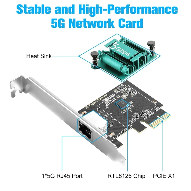 Alt view image 2 of 7 - 5Gb PCIe Network Card, PCIe to 5Gb Ethernet Card, RTL8126 Chip NIC
