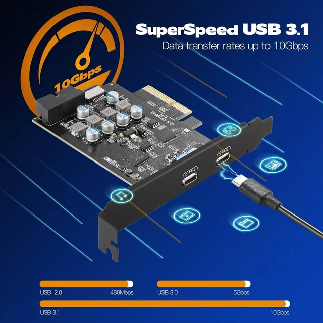 Alt view image 3 of 7 - 10Gbps PCIE USB C Card 4-Ports 2X Type-C, with Internal Type E and 19 Pin