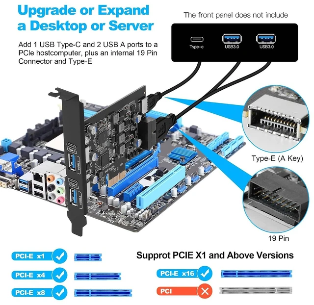 Alt view image 2 of 7 - 6-Ports USB 3.0 PCIe Card (2X USB A-2X Type-C), with 19 Pin/Type E(A-Key)