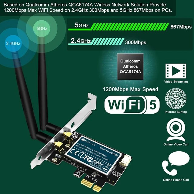 Alt view image 2 of 7 - Wireless-AC Dual Band 1200Mbps (2.4GHz 300Mbps and 5GHz 867Mbps) PCI Express WiFi Card for Windows XP, 7, 8.x, 10, 11 (32/64bit) and Windows Server Desktop PCs, PCIE WiFi Adapter (FS-AC86SE)
