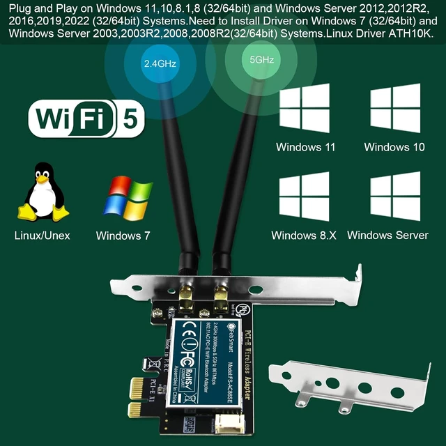 Alt view image 3 of 7 - Wireless-AC Dual Band 1200Mbps (2.4GHz 300Mbps and 5GHz 867Mbps) PCI Express WiFi Card for Windows XP, 7, 8.x, 10, 11 (32/64bit) and Windows Server Desktop PCs, PCIE WiFi Adapter (FS-AC86SE)