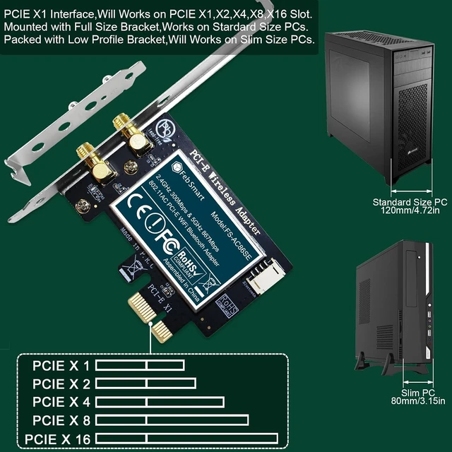 Alt view image 6 of 7 - Wireless-AC Dual Band 1200Mbps (2.4GHz 300Mbps and 5GHz 867Mbps) PCI Express WiFi Card for Windows XP, 7, 8.x, 10, 11 (32/64bit) and Windows Server Desktop PCs, PCIE WiFi Adapter (FS-AC86SE)