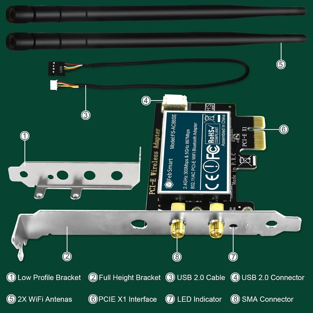 Alt view image 7 of 7 - Wireless-AC Dual Band 1200Mbps (2.4GHz 300Mbps and 5GHz 867Mbps) PCI Express WiFi Card for Windows XP, 7, 8.x, 10, 11 (32/64bit) and Windows Server Desktop PCs, PCIE WiFi Adapter (FS-AC86SE)