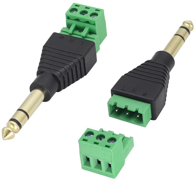 Main image of 6.35mm Screw Terminal Block Connector 1/4" inch TRS Male Plugs to 3 Pin/Way Female Bolt Screw Terminals Pluggable AUX Audio Microphone/Speaker Wire,Keyboard,Mixer,Solderless Converter(2 Pack)