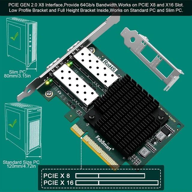 Alt view image 6 of 7 - PCIE x8 Interface to 2X 10GbE SFP+ Optical Port Network Adapter for Desktop PC, Intel 82599ES 2X 10Gb/s Ethernet Controller, 10GbE PCIE NIC Card for Gaming, 10Gb/s SFP+ PCIE LAN Adapter (X520-DA2)
