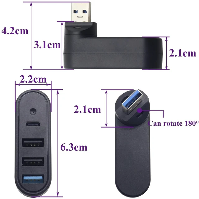 Alt view image 2 of 7 - 4-Port USB-A 3.0 Hub 90°/180° Rotatable USB 3.0 A Male to 1USB 3.0+2USB 2.0+1USB C Female Data Port Splitter Adapter for Car,Keyboard,Mobile Hard Disk,U Disk,Camera,Mouse,etc(2 Pack/Black)