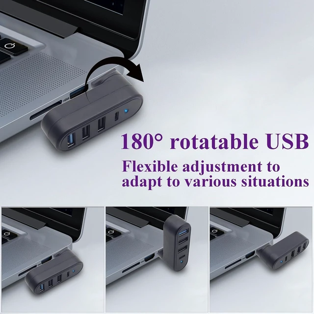 Alt view image 4 of 7 - 4-Port USB-A 3.0 Hub 90°/180° Rotatable USB 3.0 A Male to 1USB 3.0+2USB 2.0+1USB C Female Data Port Splitter Adapter for Car,Keyboard,Mobile Hard Disk,U Disk,Camera,Mouse,etc(2 Pack/Black)