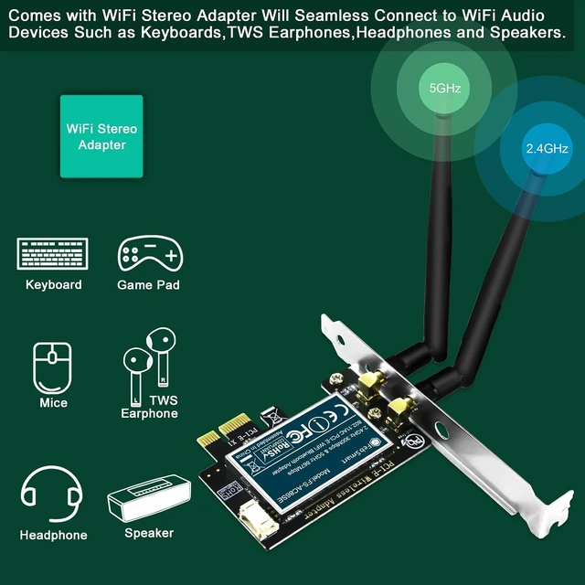 Alt view image 4 of 7 - Wireless-AC Dual Band 1200Mbps (2.4GHz 300Mbps and 5GHz 867Mbps) PCI Express WiFi Card for Windows XP, 7, 8.x, 10, 11 (32/64bit) and Windows Server Desktop PCs, PCIE WiFi Adapter (FS-AC86SE)