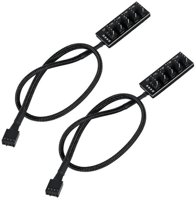 Main image of 2-Pack 4-Pin PWM Fan Hub - 1 to 5 Way Splitter Power Supply Cable for PC Motherboard Case Cooling - Extension Cord for ATX Computer 4-Pin and 3-Pin Fans