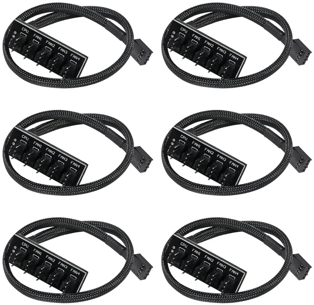 Main image of 6-Pack 4-Pin PWM Fan Hub - 1 to 5 Way Splitter Power Supply Cable for PC Motherboard Case Cooling - ATX Computer Extension Cord for 4-Pin and 3-Pin Fans