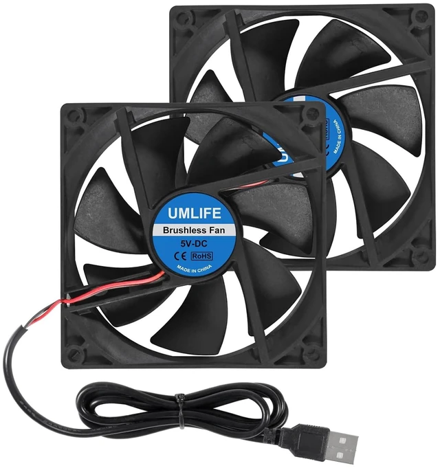 Main image of 2 Pack 92mm USB Fan for DIY Cooling Ventilation - 92mm x 92mm x 25mm - 5V DC 0.12A 2000 RPM 43.4CFM 27.3dBA Sleeve Bearing 35000h Life