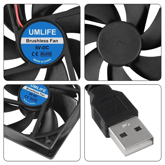 Alt view image 3 of 6 - 2 Pack 92mm USB Fan for DIY Cooling Ventilation - 92mm x 92mm x 25mm - 5V DC 0.12A 2000 RPM 43.4CFM 27.3dBA Sleeve Bearing 35000h Life
